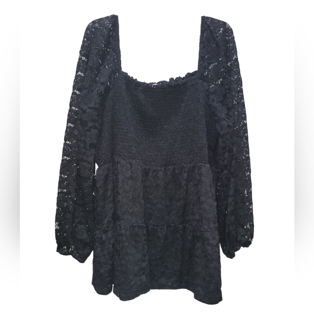 PERFECTLY PRISCILLA 3X Elegant Black Lace Smock Blouse | Square Neck - Picture 4 of 6